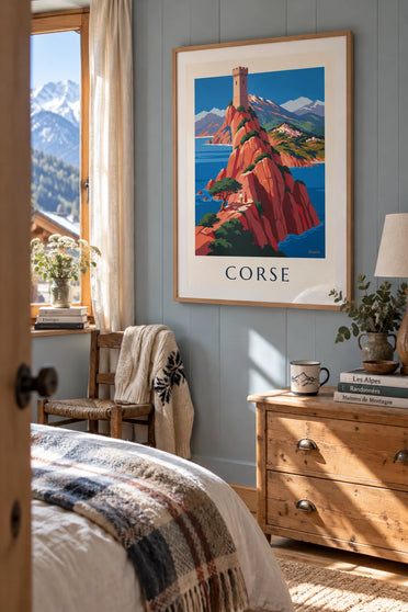 Poster wilde kust van Corsica, rode kliffen en Monte Cinto: ingelijst aan de muur