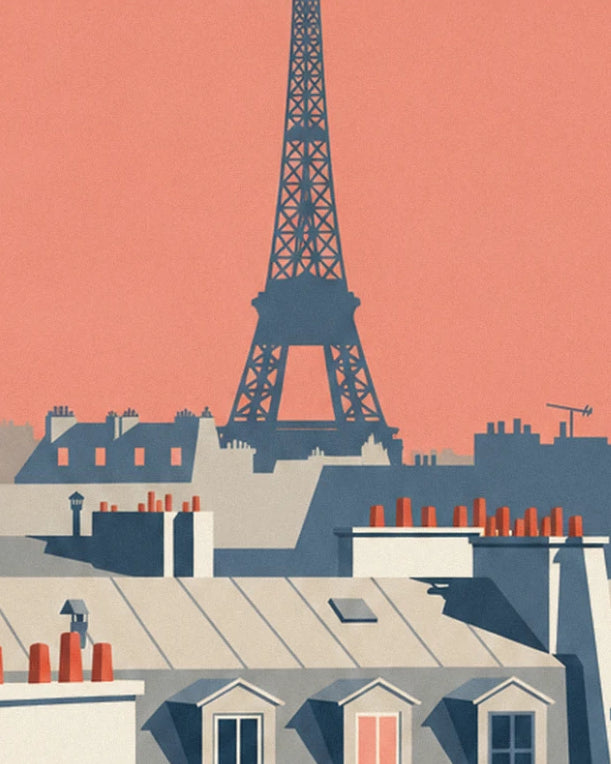 The tour Eiffel standing out against a pink-orange sky above the zinc rooftops and their chimneys