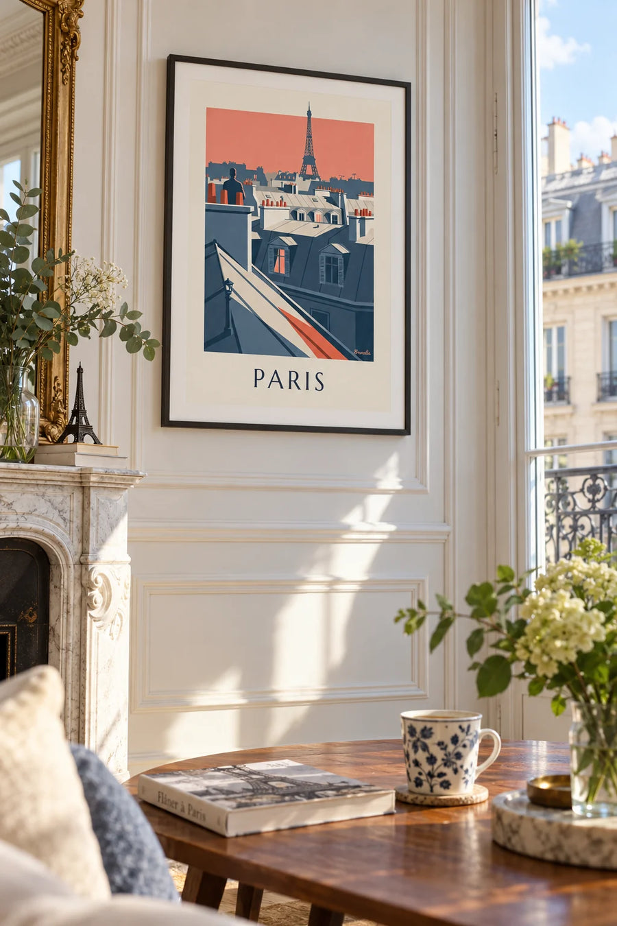 Poster of zinc rooftops and chimneys of Paris at dusk: framed on the wall