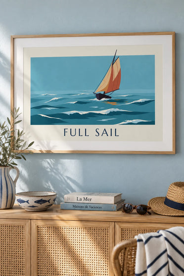 Poster of a traditional wooden sailboat in full sail: framed on the wall