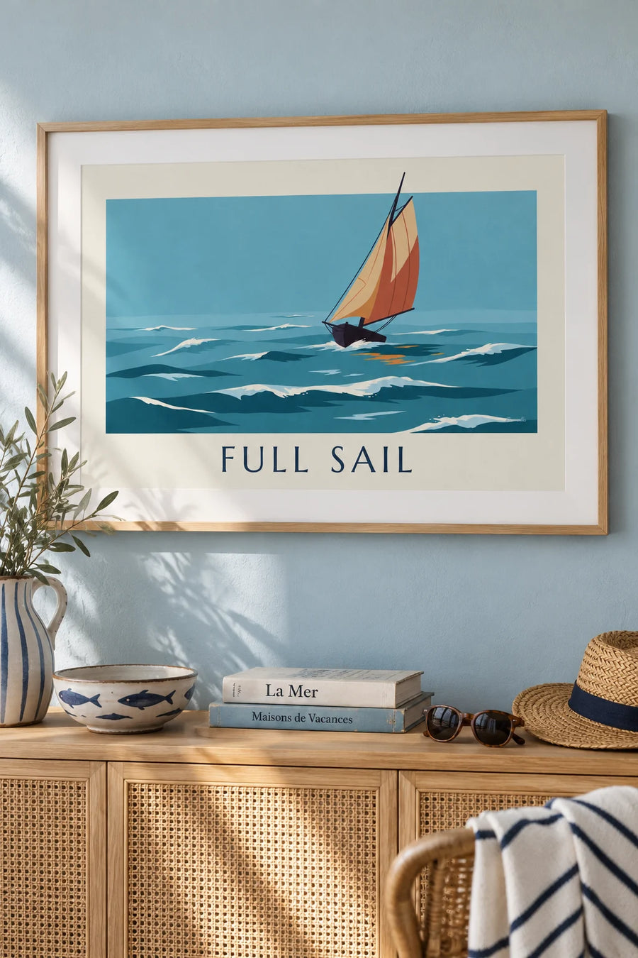 Poster of a traditional wooden sailboat in full sail: framed on the wall