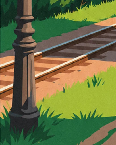 The cast-iron street lamp beside the tracks, between green grass and ochre ballast