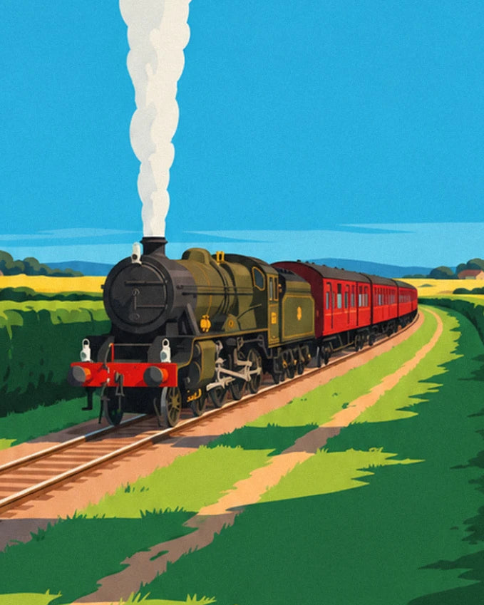 The green steam locomotive and its red carriages, with a white plume against the blue sky