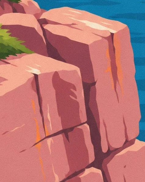 Les falaises roses aux profondes fissures sombres, au-dessus de la mer bleue