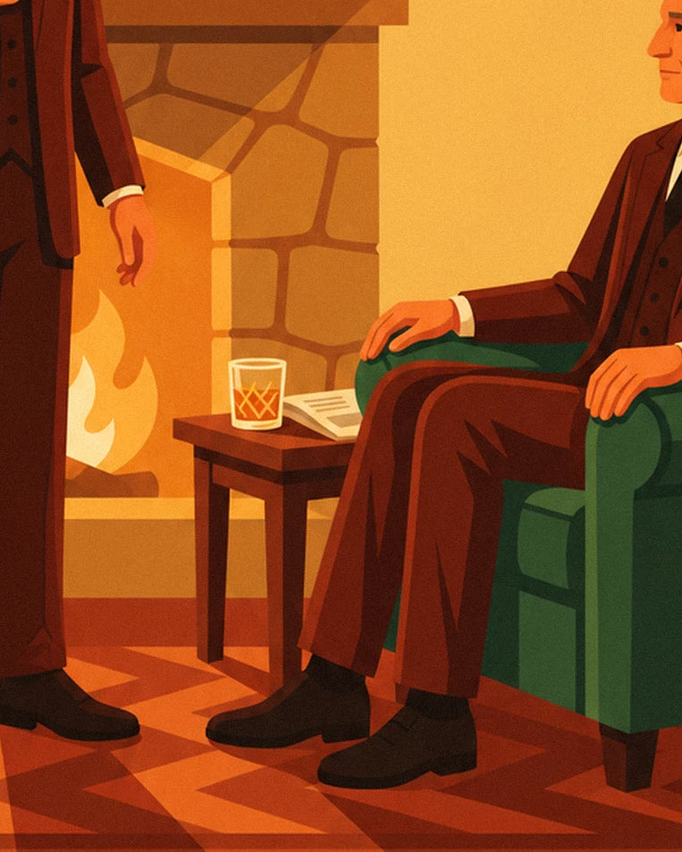 Poster whisky, man in pak bij de open haard: detail in close-up