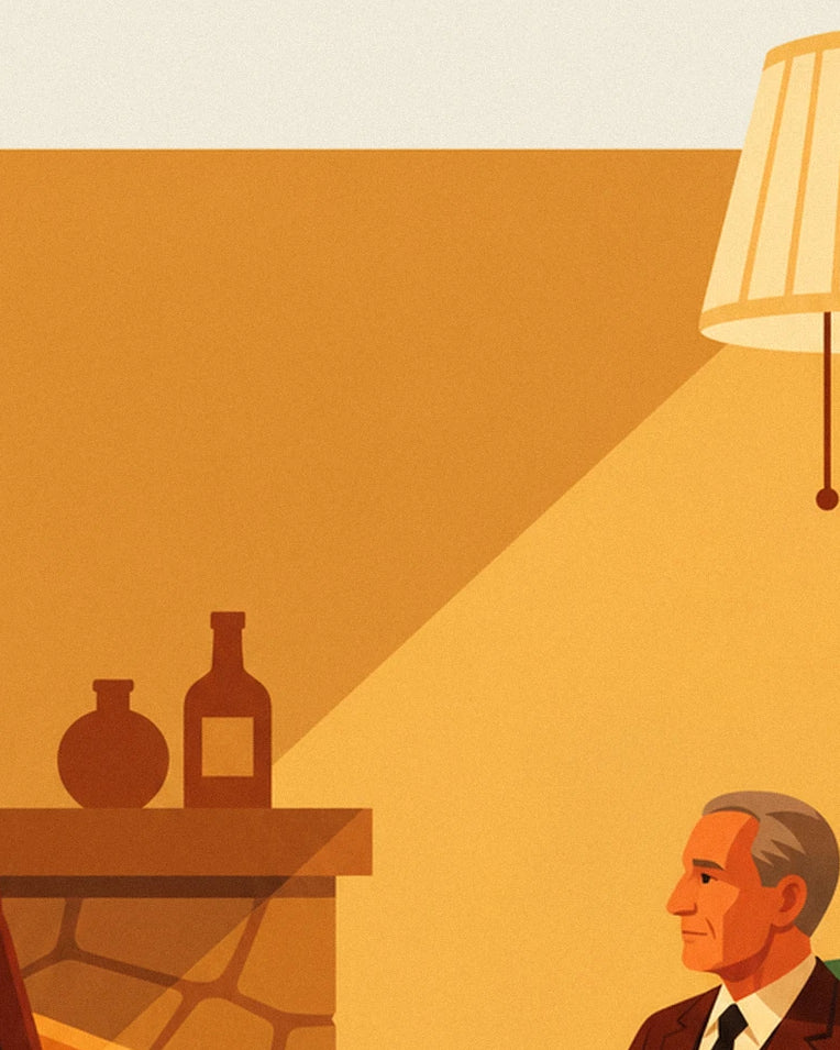 Poster whisky, man in pak bij de open haard: detail in close-up