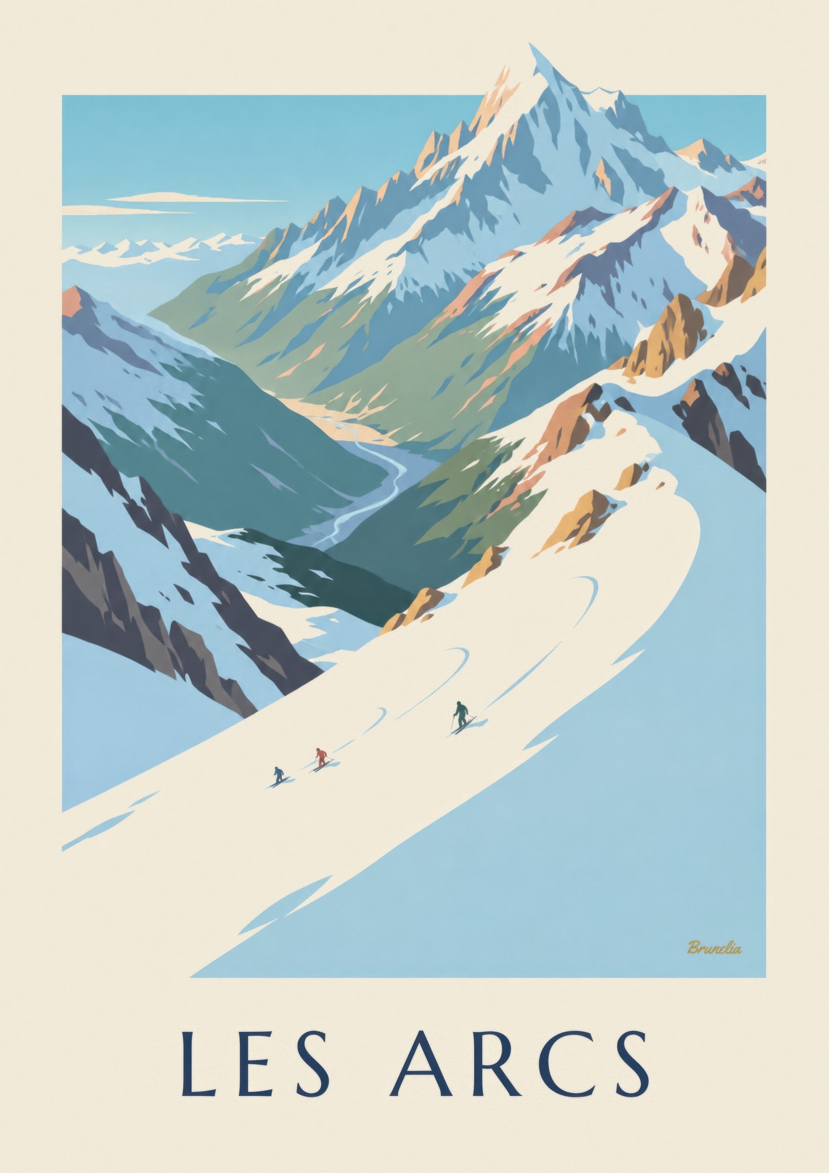Affiche Les Arcs, Mont Blanc et piste de l'Aiguille Rouge: detail in close-up