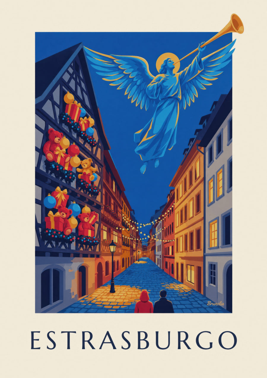 Poster Straatsburg met Kerstmis, stralende engel (titel ESTRASBURGO)