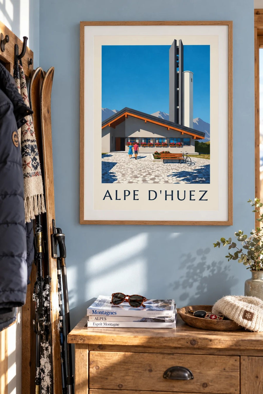 Poster kerk Notre-Dame-des-Neiges Alpe d'Huez : ingelijst aan de muur