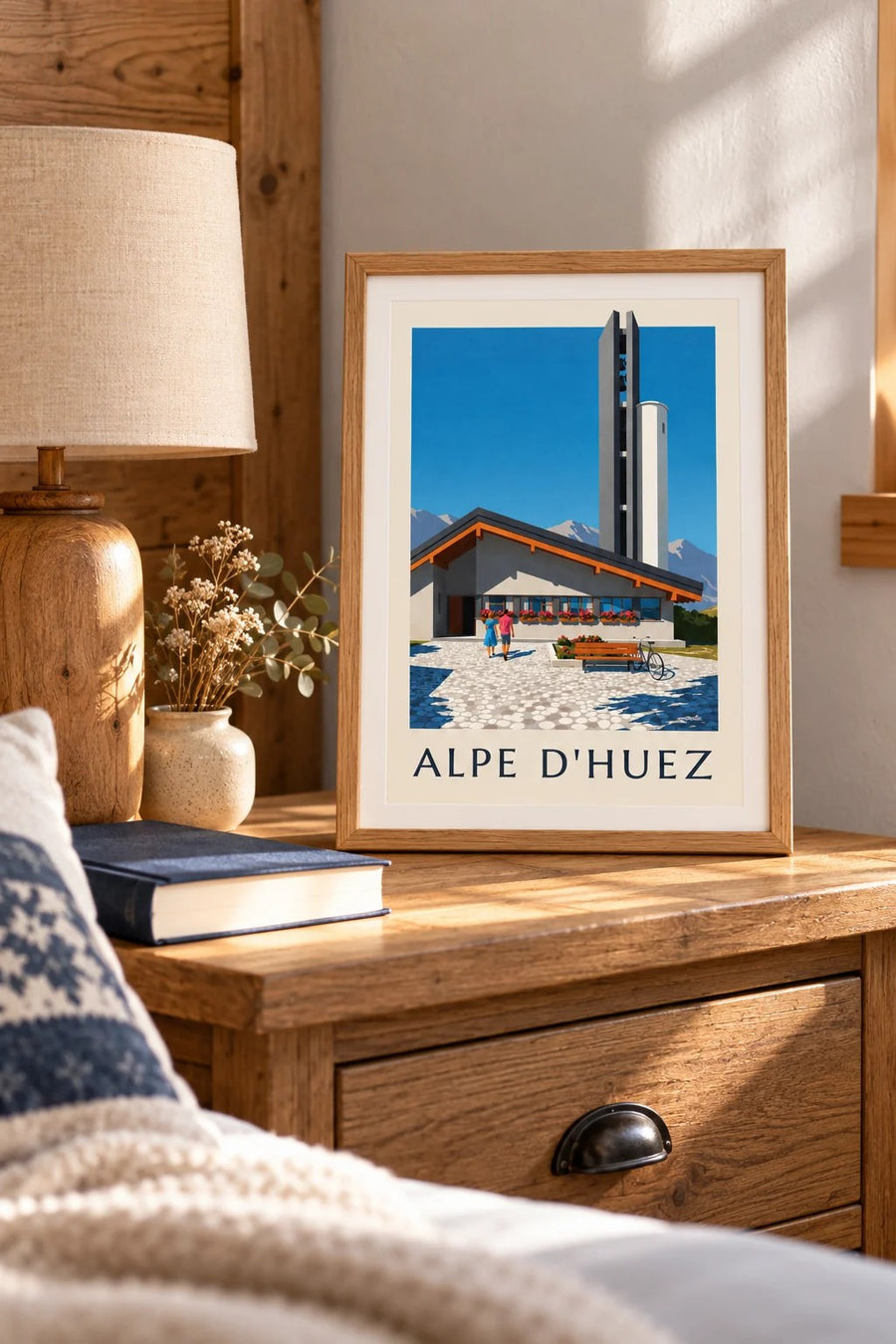 Poster kerk Notre-Dame-des-Neiges Alpe d'Huez : klein A4-formaat, ingelijst