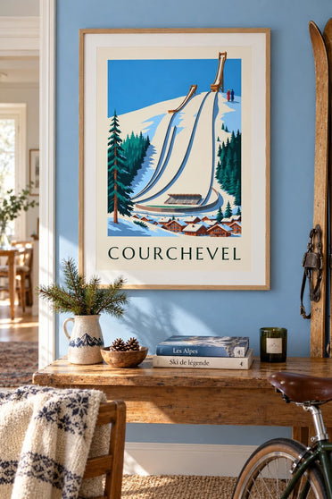 Poster Courchevel, de besneeuwde schans van Le Praz : ingelijst aan de muur