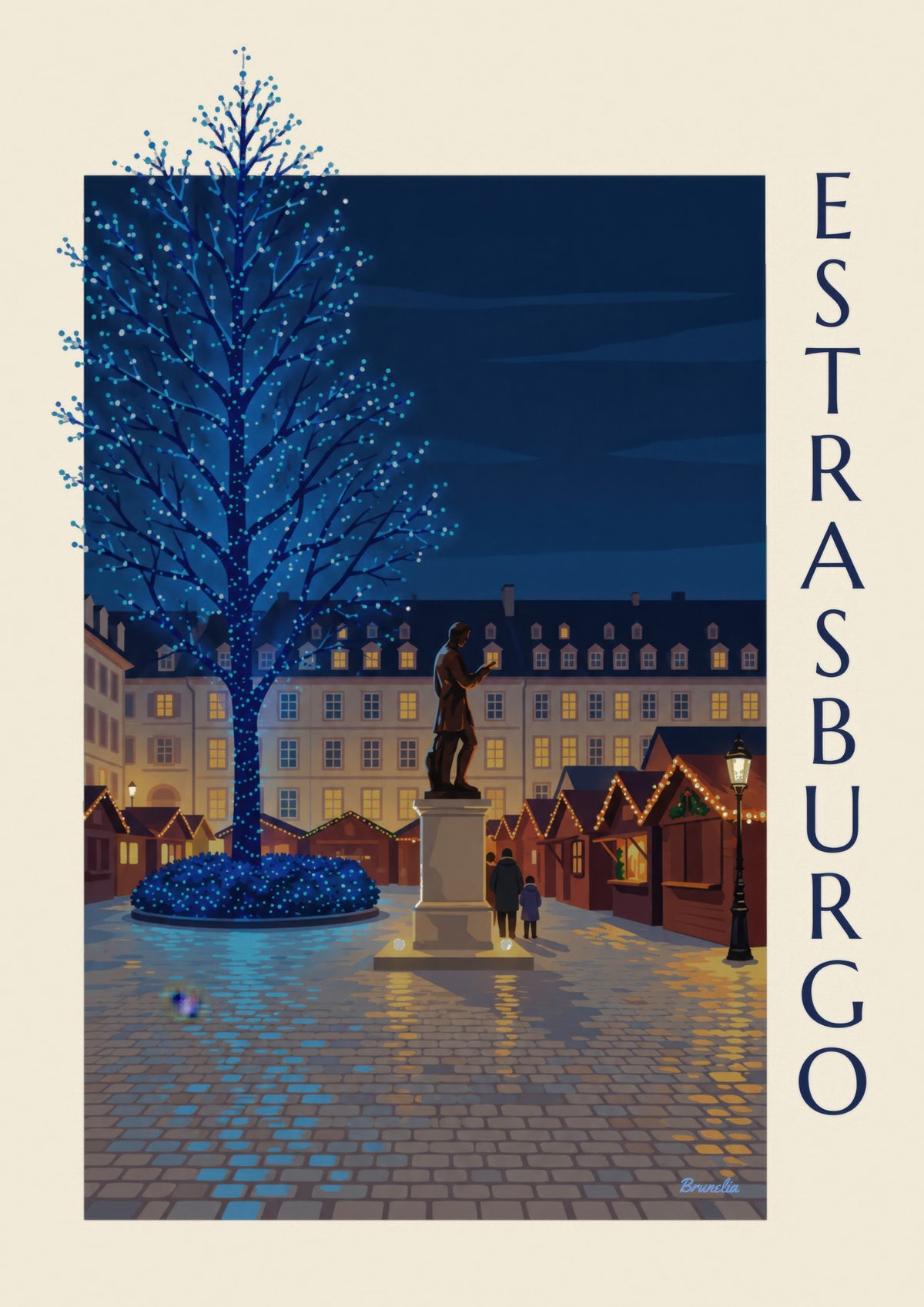 Kerstposter van de Place Gutenberg in Straatsburg (titel ESTRASBURGO)