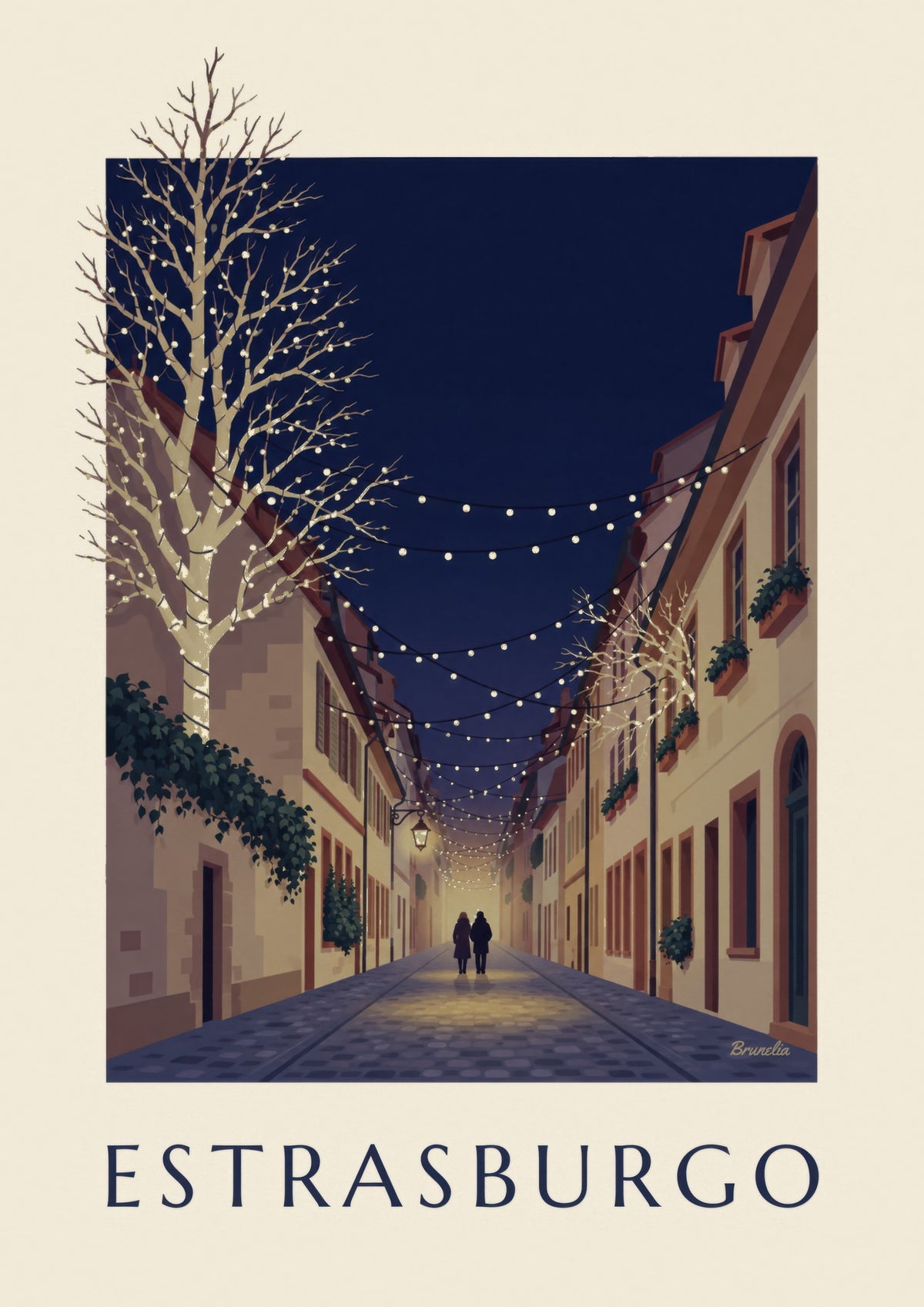 Poster van een verlicht straatje in Straatsburg met Kerstmis (titel ESTRASBURGO)