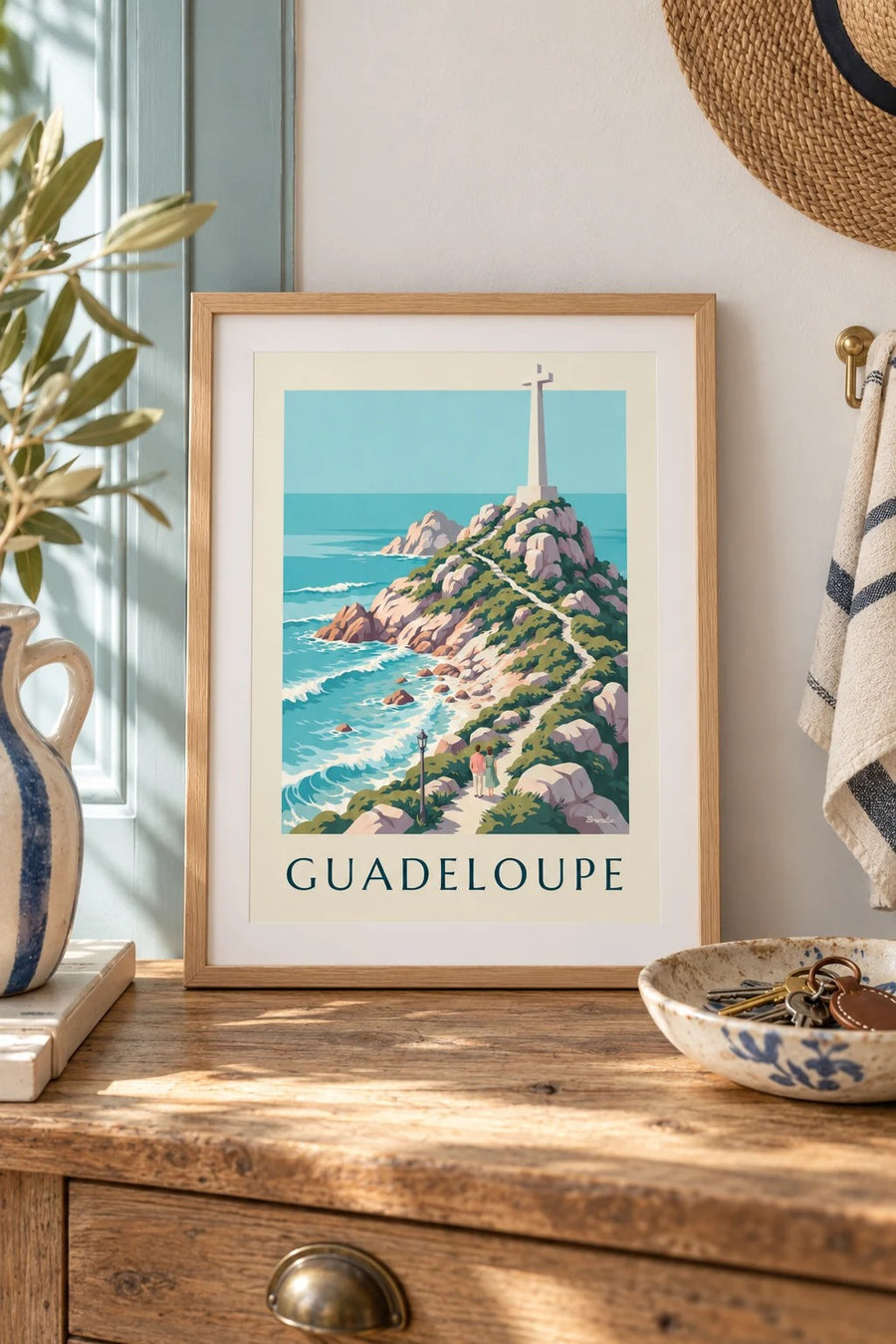 Poster Guadeloupe Pointe des Châteaux met kruis : klein A4-formaat, ingelijst