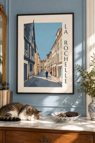 Poster van een vakwerkhuis in La Rochelle : ingelijst aan de muur