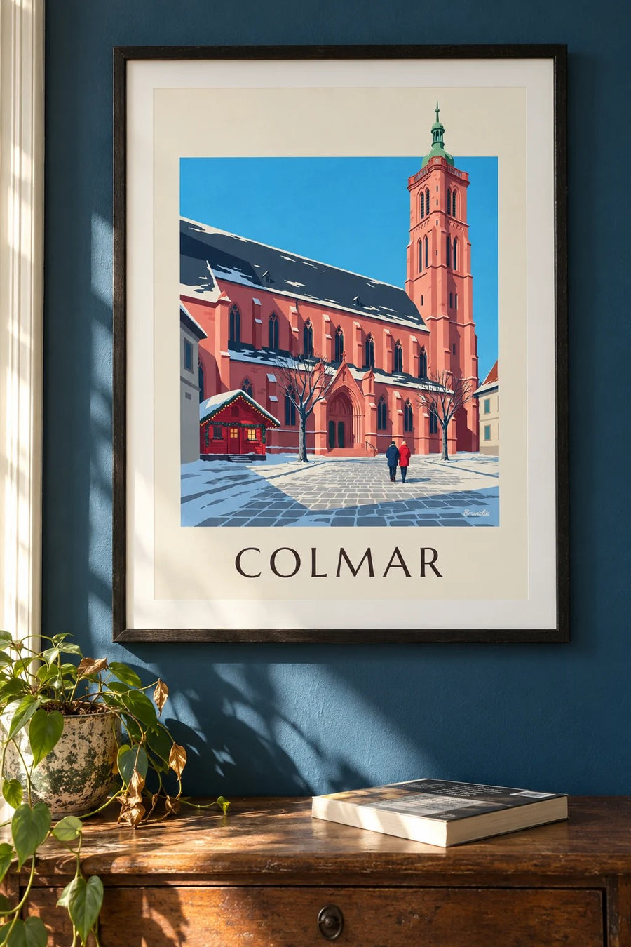 Poster collegiale kerk Saint-Martin in Colmar in de winter : ingelijst aan de muur