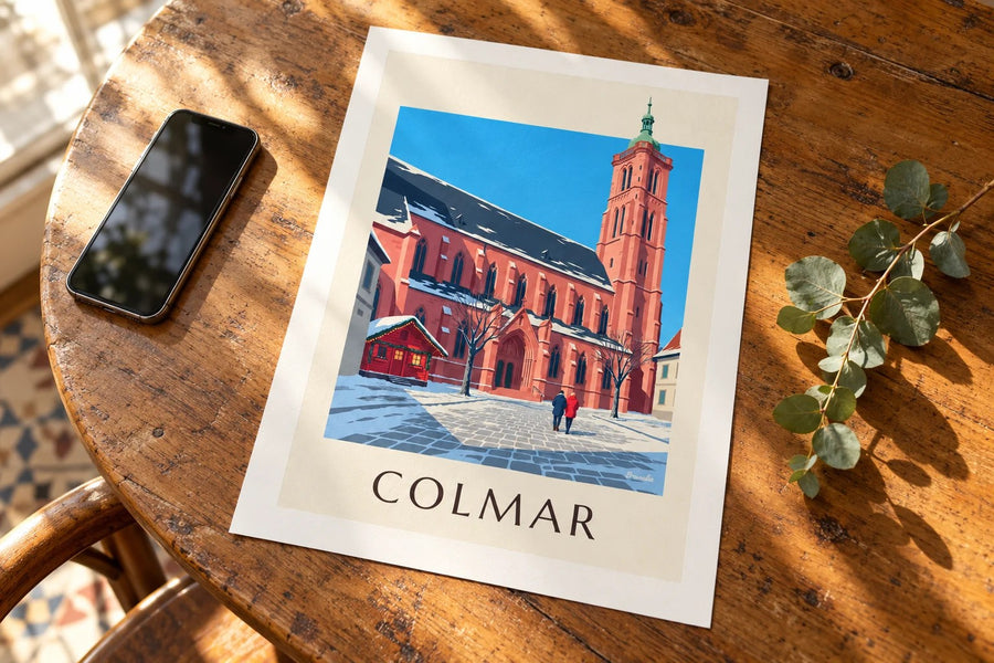 Poster collegiale kerk Saint-Martin in Colmar in de winter : neergezet op een tafel