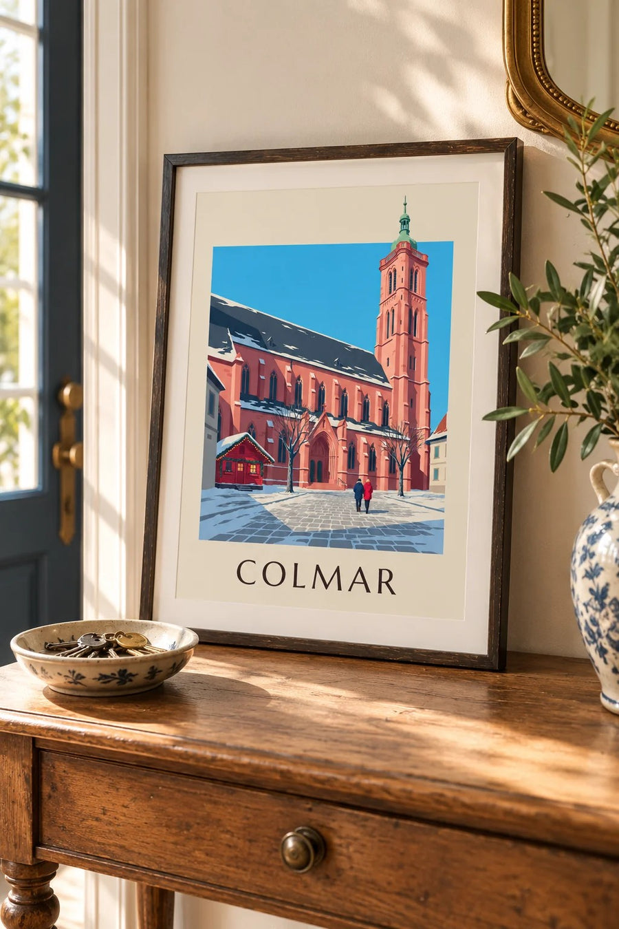 Poster collegiale kerk Saint-Martin in Colmar in de winter : klein A4-formaat, ingelijst