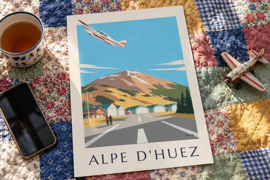 Poster vliegveld van Alpe d'Huez : neergezet op een tafel