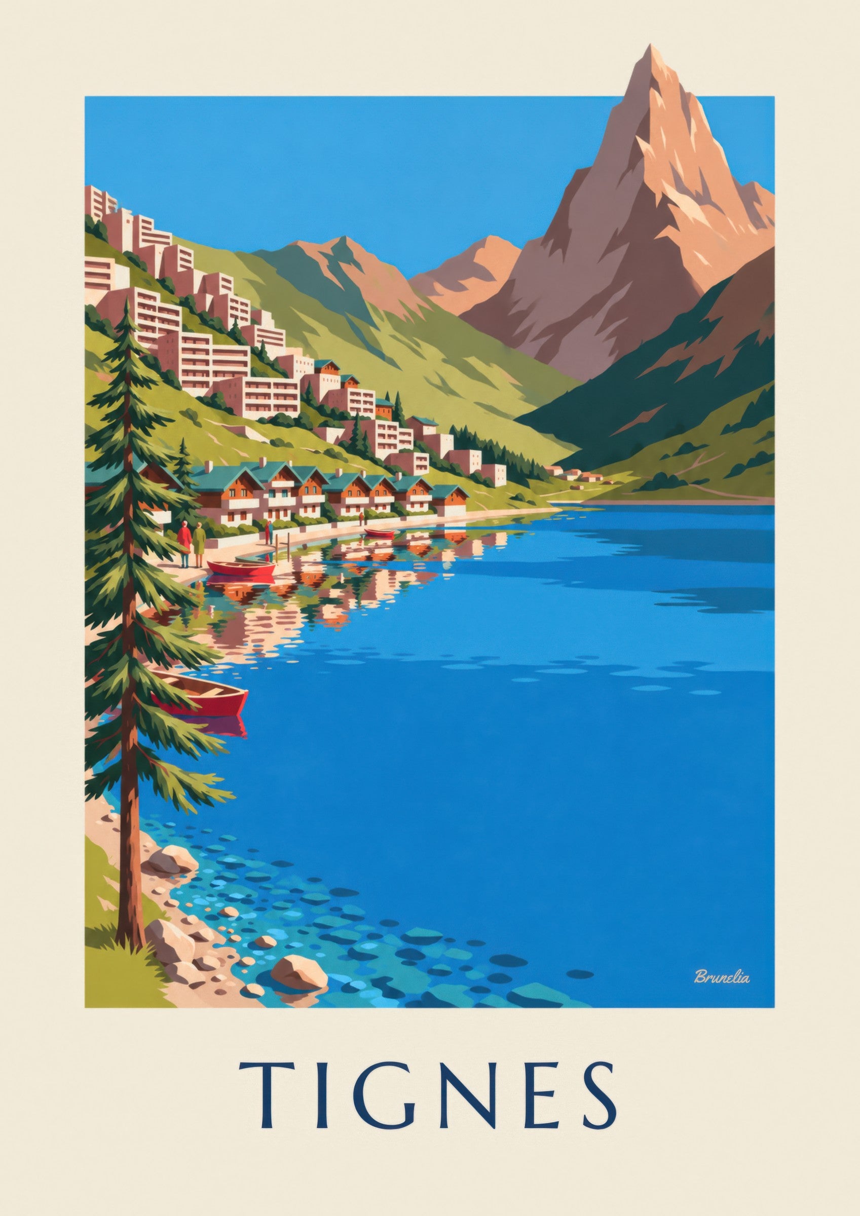 Poster Tignes, het meer en Tignes-Le Lac in de zomer: detail in close-up