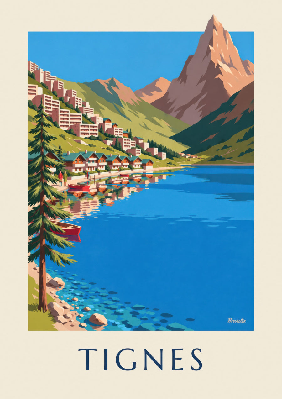 Poster Tignes, het meer en Tignes-Le Lac in de zomer