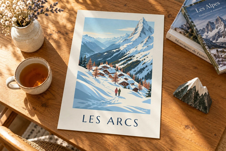 Poster Les Arcs, panorama over de Tarentaise : neergezet op een tafel