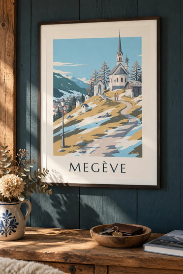 Poster Megève, kapellen van Calvaire : ingelijst aan de muur