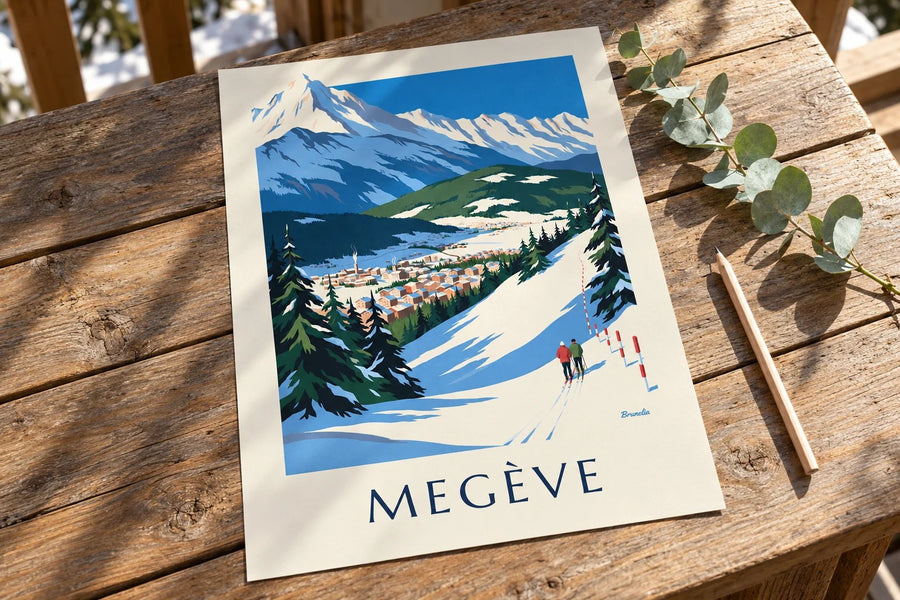 Poster Megève, de pistes met uitzicht op de Mont Blanc : neergezet op een tafel