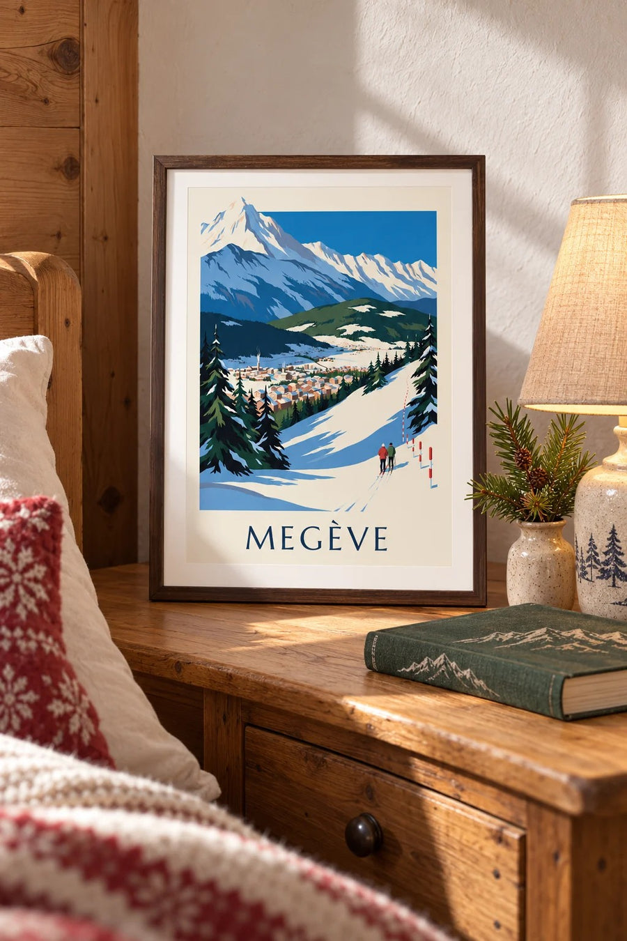 Poster Megève, de pistes met uitzicht op de Mont Blanc : klein A4-formaat, ingelijst