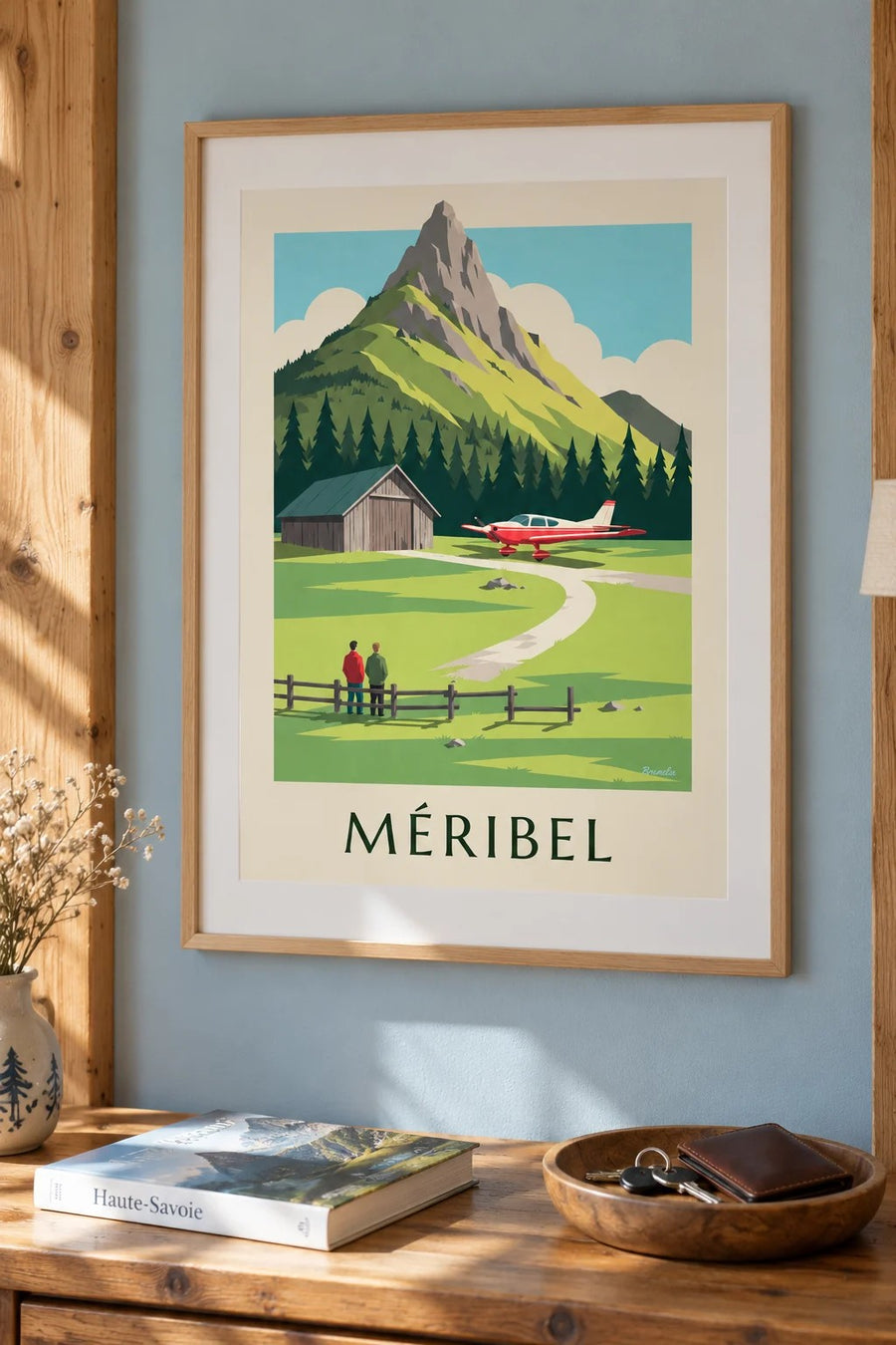 Poster Méribel, klein vliegtuig op het altiport : ingelijst aan de muur