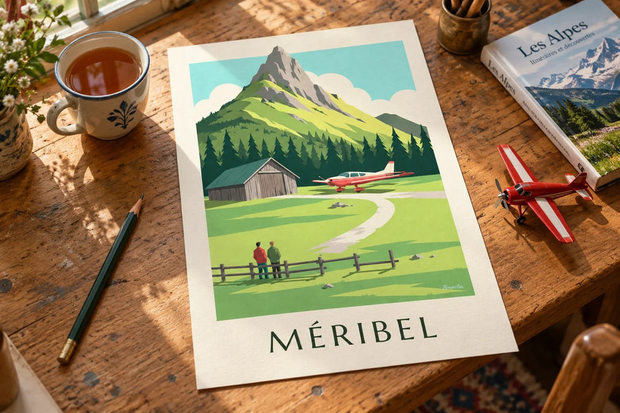 Poster Méribel, klein vliegtuig op het altiport : neergezet op een tafel