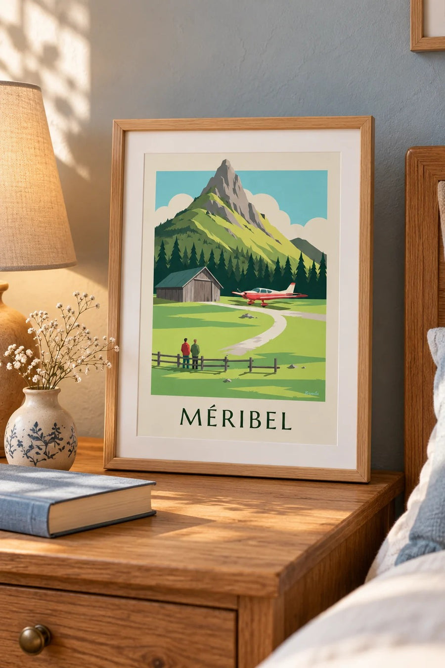 Poster Méribel, klein vliegtuig op het altiport : klein A4-formaat, ingelijst
