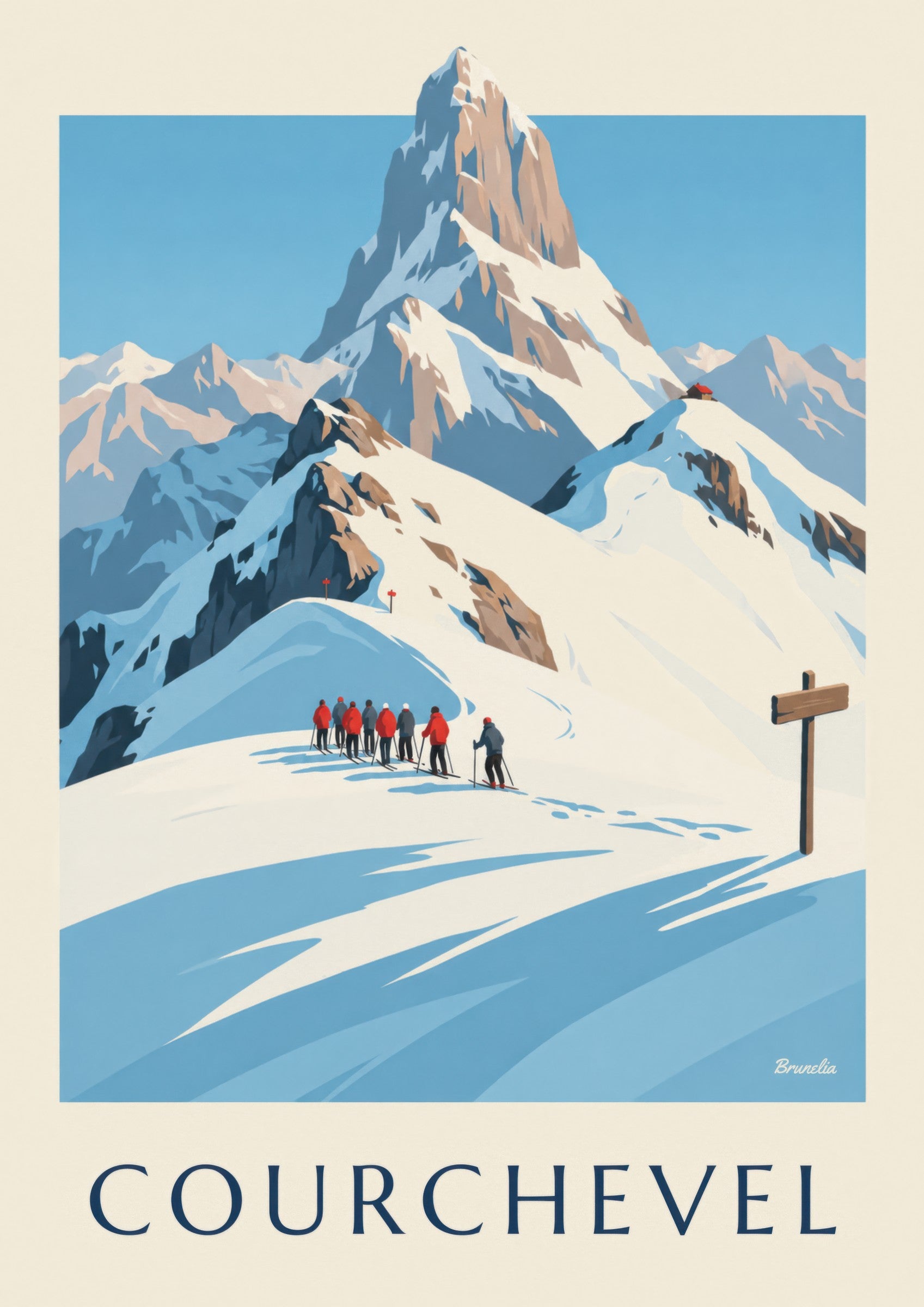 Poster Courchevel, skiërs met uitzicht op de Vanoise: detail in close-up