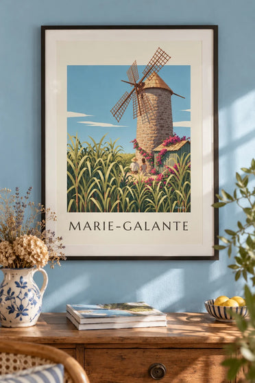 Poster Guadeloupe, molen van Bézard op Marie-Galante : ingelijst aan de muur