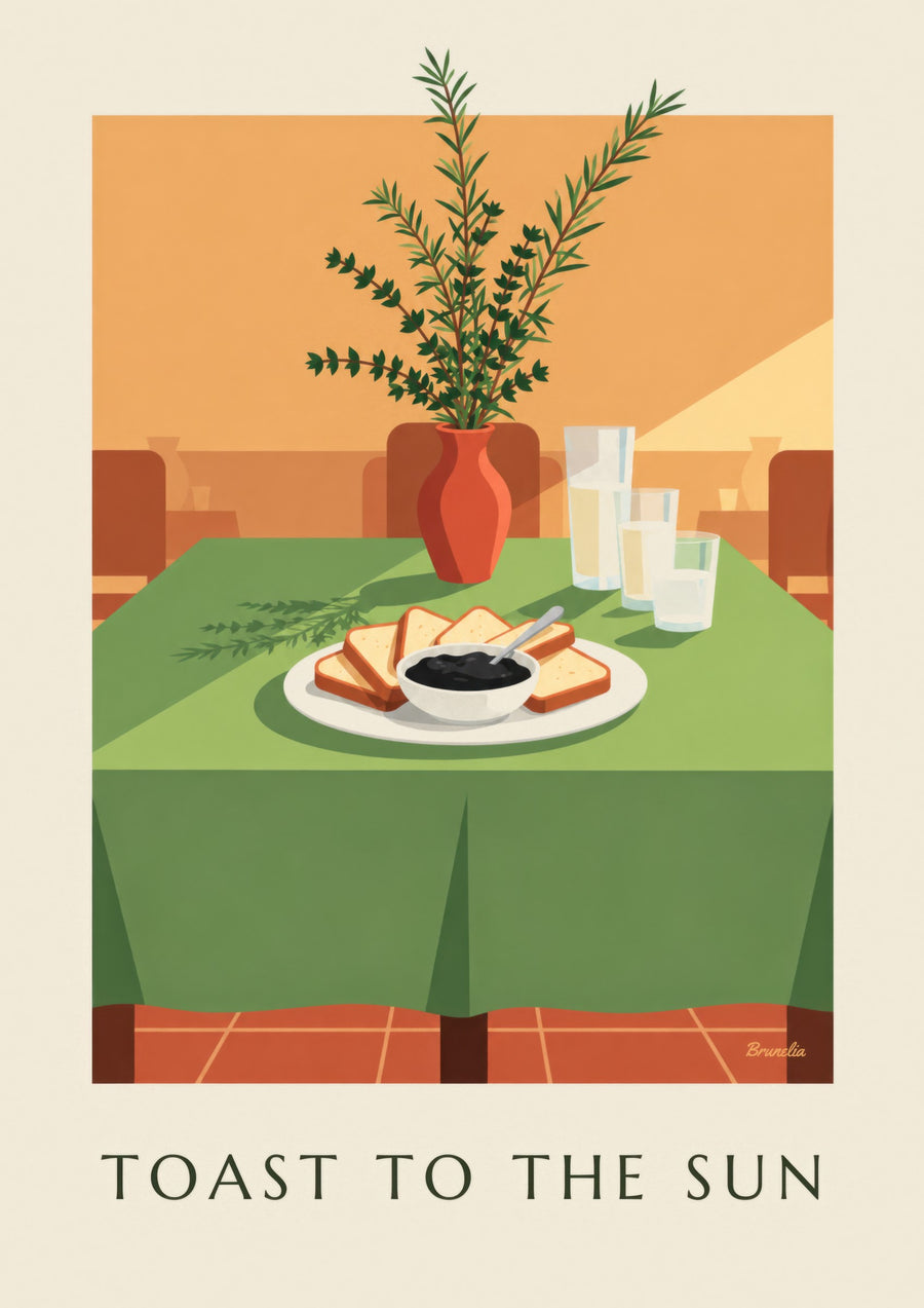 Poster met zwarte tapenade en toastjes voor bij de borrel