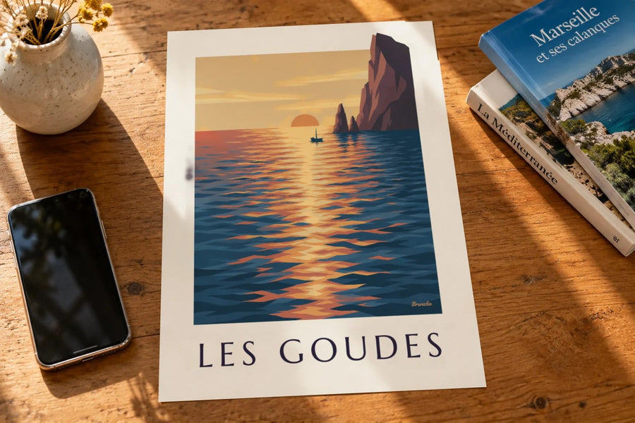 Affiche coucher de soleil aux Goudes : posée sur une table