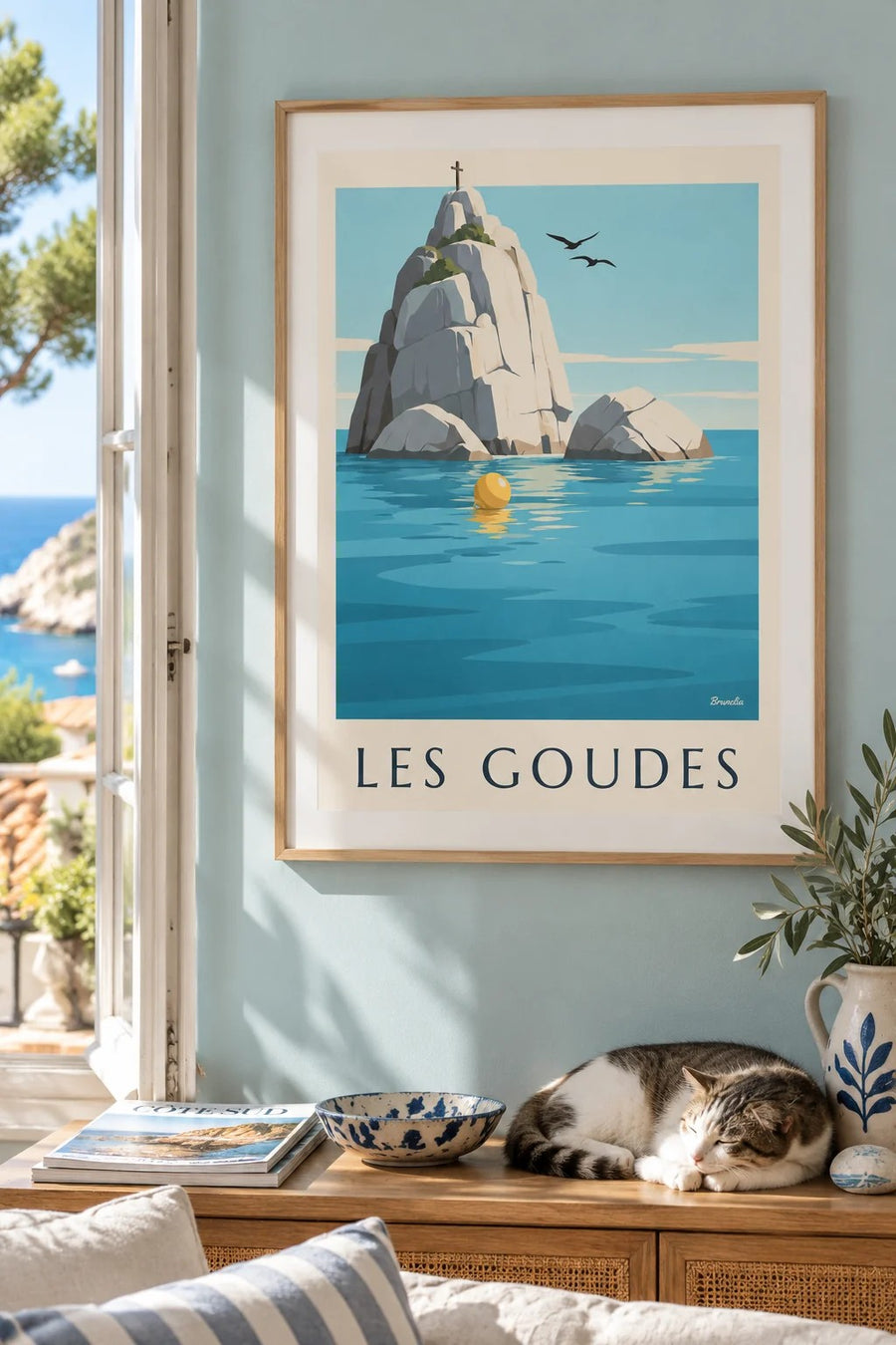 Poster van het eilandje Tiboulen de Maïre met zijn kruis : ingelijst aan de muur