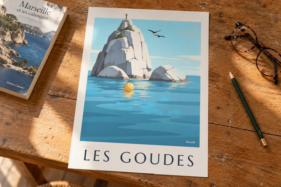Poster van het eilandje Tiboulen de Maïre met zijn kruis : neergezet op een tafel