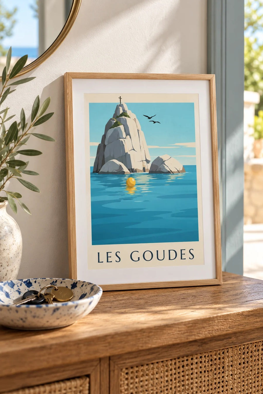 Poster van het eilandje Tiboulen de Maïre met zijn kruis : klein A4-formaat, ingelijst