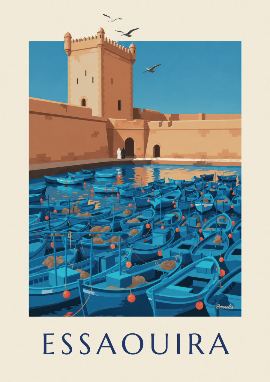 Poster van de haven van Essaouira met de Skala-toren