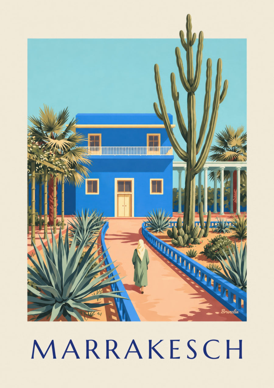 Poster van de blauwe villa en cactussen van Marrakesh (titel MARRAKESCH)
