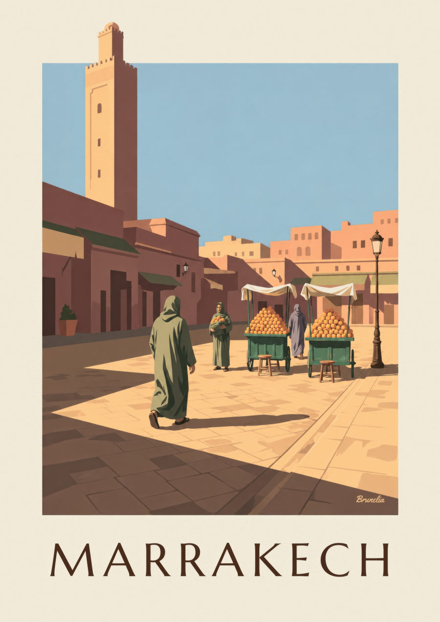 Poster van Jemaa el-Fna in Marrakesh met sinaasappelkramen