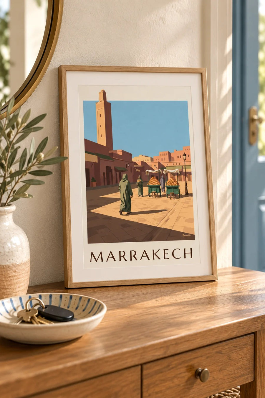 Poster van Jemaa el-Fna in Marrakesh met sinaasappelkramen : klein A4-formaat, ingelijst
