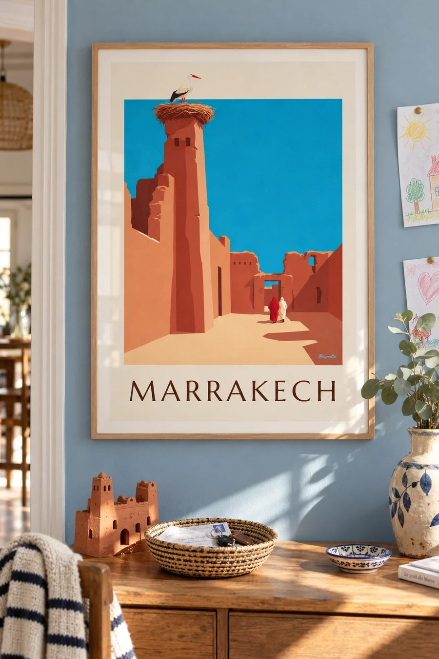 Poster van een ooievaar op de wallen van El Badi in Marrakech : ingelijst aan de muur