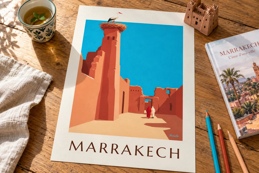 Poster van een ooievaar op de wallen van El Badi in Marrakech : neergezet op een tafel