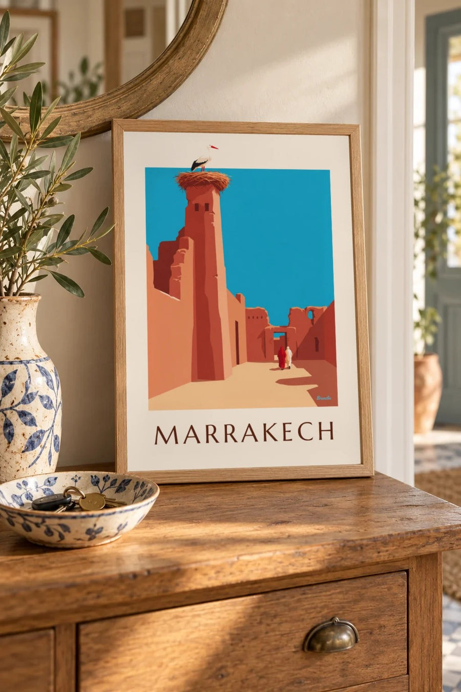Poster van een ooievaar op de wallen van El Badi in Marrakech : klein A4-formaat, ingelijst