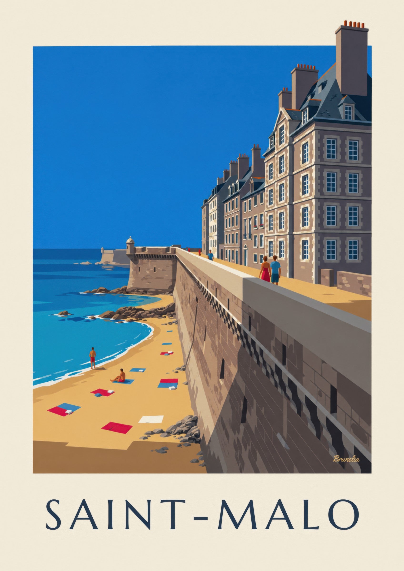 Affiche remparts de Saint-Malo et plage: detail in close-up