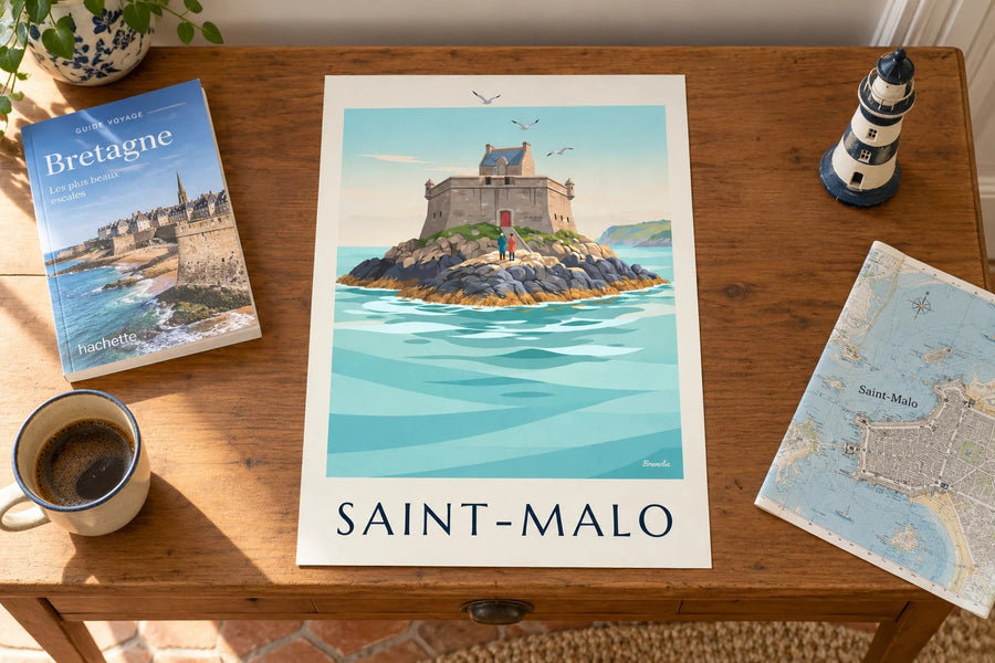 Poster van Fort Petit Bé in Saint-Malo : neergezet op een tafel