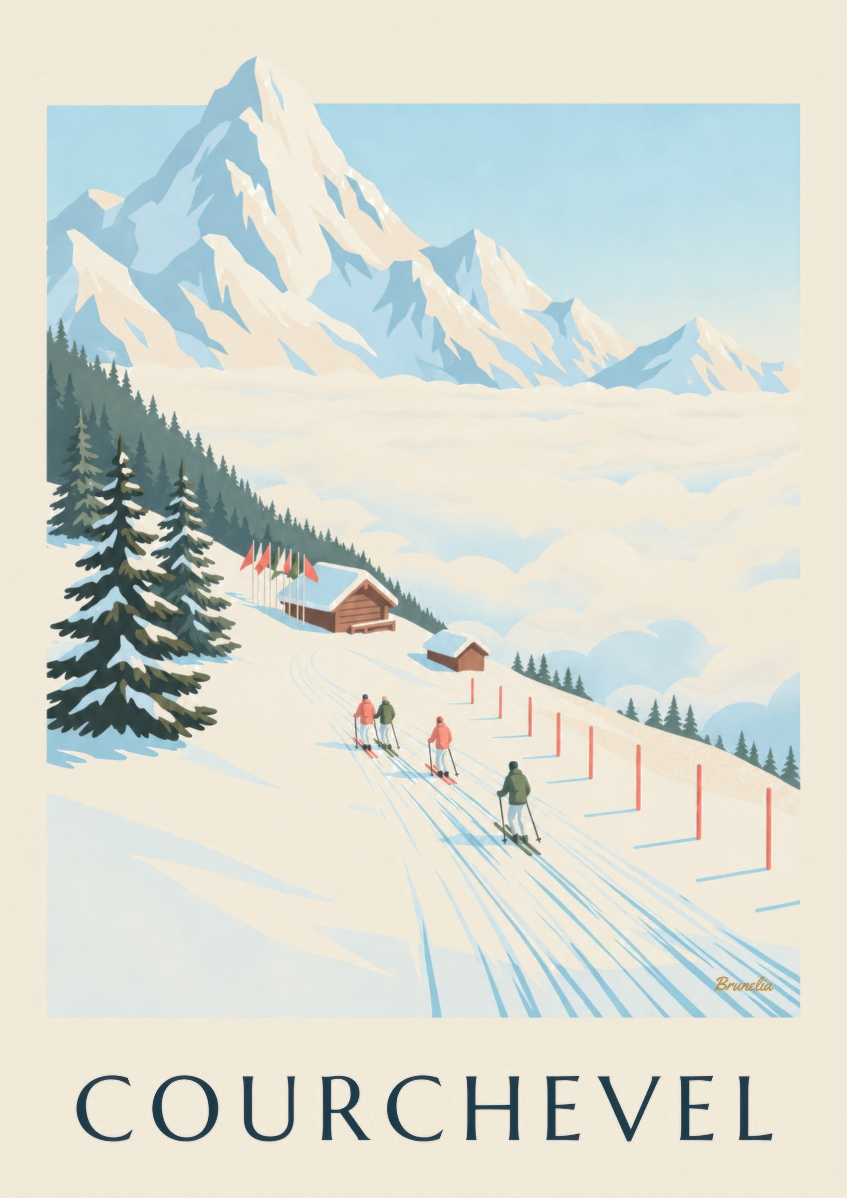 Affiche pistes de Courchevel face au Mont-Blanc: detail in close-up