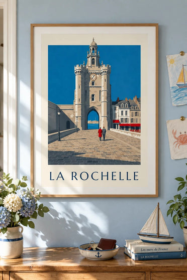 Poster van de Grosse Horloge-poort in La Rochelle : ingelijst aan de muur